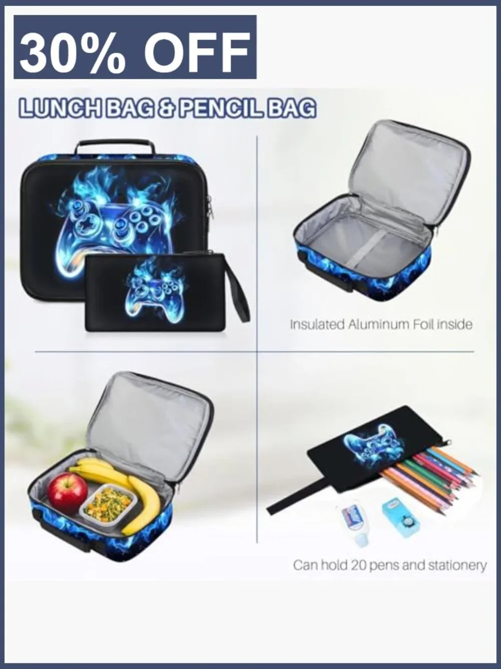 Boys School Backpack Set 4-Piece 17 Inch Gamer Bookbag with Lunch Box Pencil